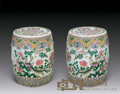 清光绪 粉彩花鸟纹绣墩(一对) 高45.7cm